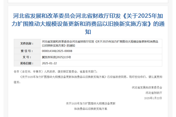 河北省2025年加力擴圍推動大規(guī)模設備更新和消費品以舊換新實施方案發(fā)布